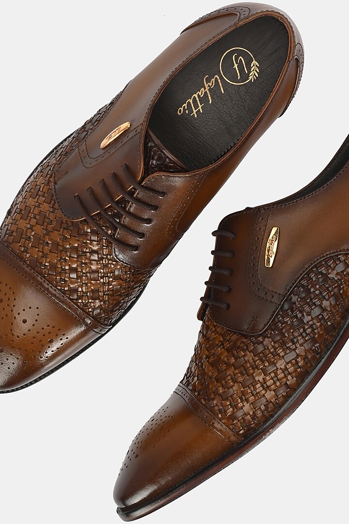 Tan Leather Handpainted Lace-Up Semi Brogues by LAFATTIO at Pernia's Pop Up Shop