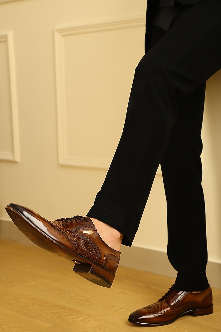 Tan Leather Handpainted Brogues by LAFATTIO at Pernia's Pop Up Shop