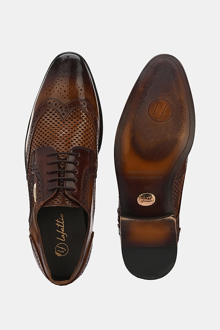 Tan Leather Handpainted Brogues by LAFATTIO at Pernia's Pop Up Shop