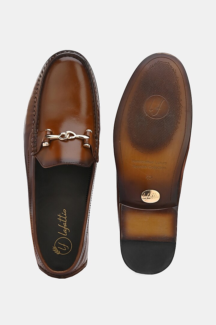 Tan Leather Handpainted Loafers by LAFATTIO at Pernia's Pop Up Shop
