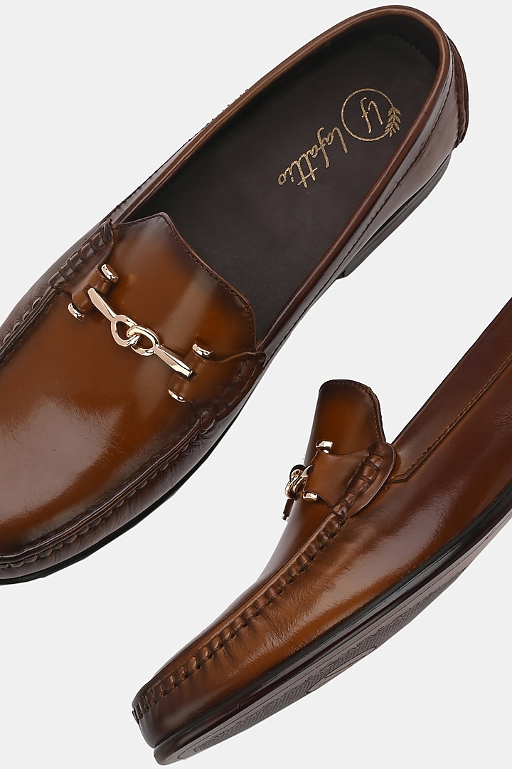 Tan Leather Handpainted Loafers by LAFATTIO at Pernia's Pop Up Shop