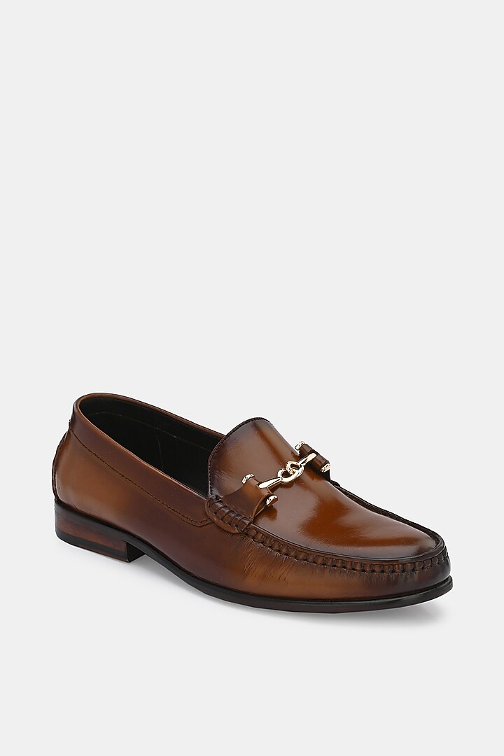 Tan Leather Handpainted Loafers by LAFATTIO at Pernia's Pop Up Shop
