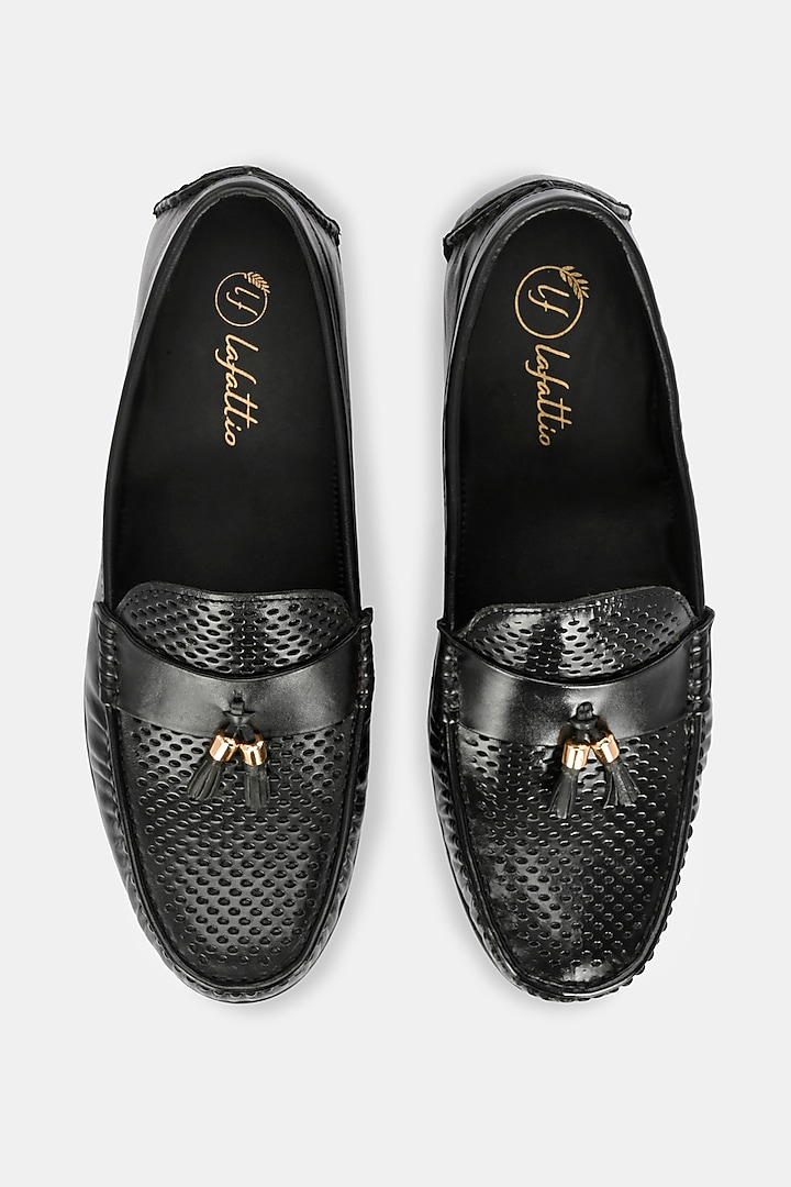 Black Leather Handpainted Loafers by LAFATTIO at Pernia's Pop Up Shop