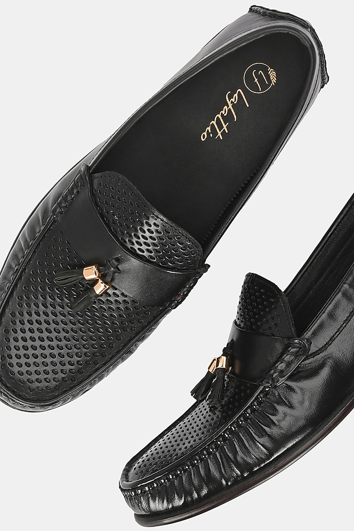 Black Leather Handpainted Loafers by LAFATTIO at Pernia's Pop Up Shop