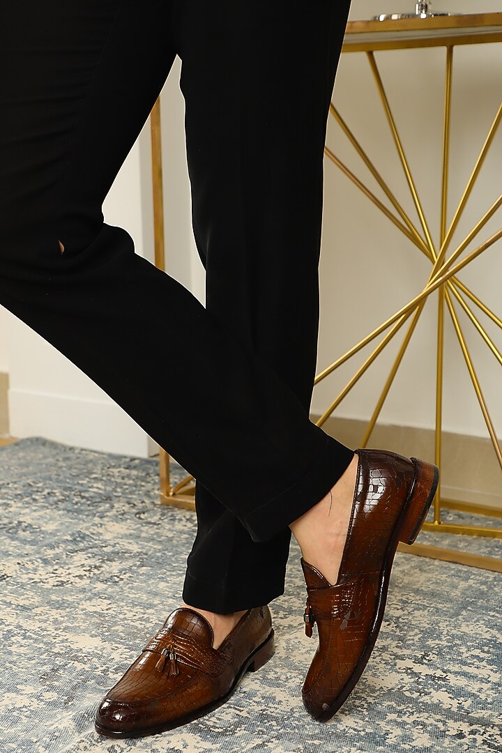 Tan Leather Handpainted Loafers by LAFATTIO at Pernia's Pop Up Shop