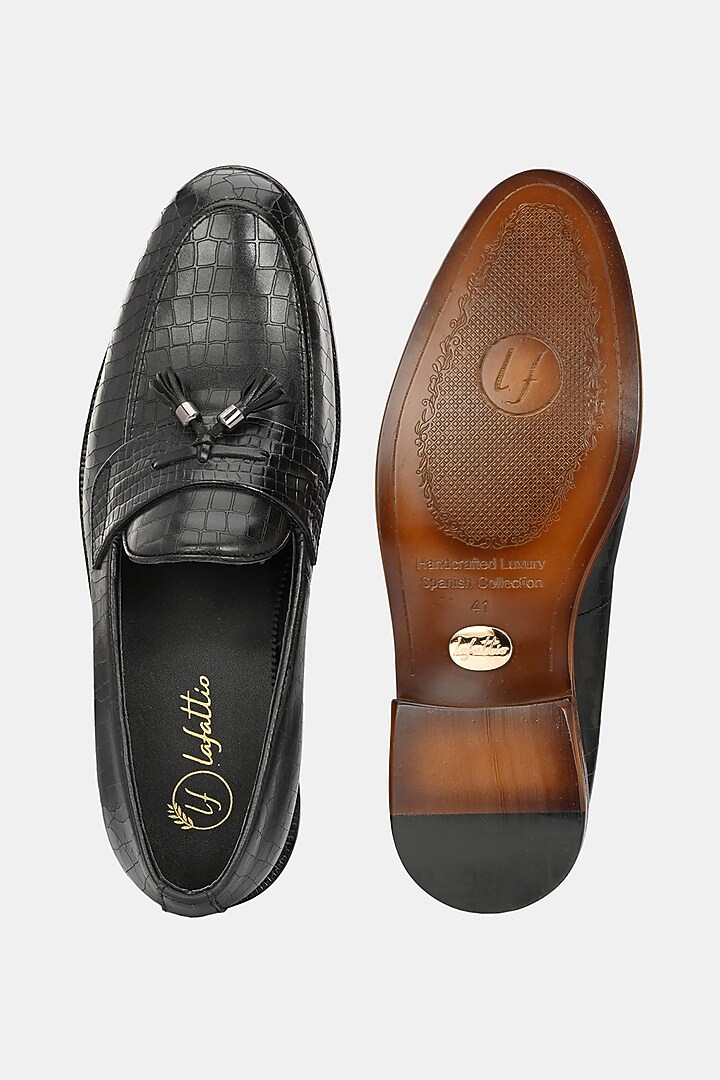 Black Leather Handpainted Loafers by LAFATTIO at Pernia's Pop Up Shop