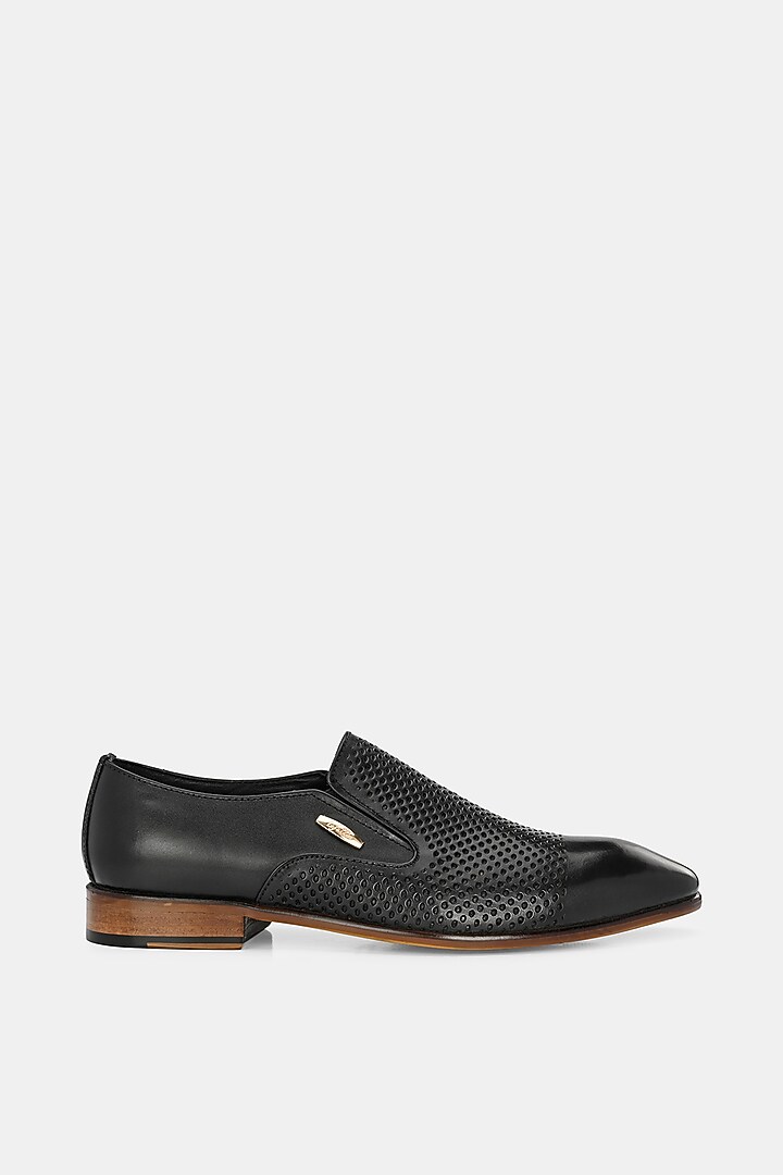 Black Leather Handpainted Moccasins by LAFATTIO at Pernia's Pop Up Shop