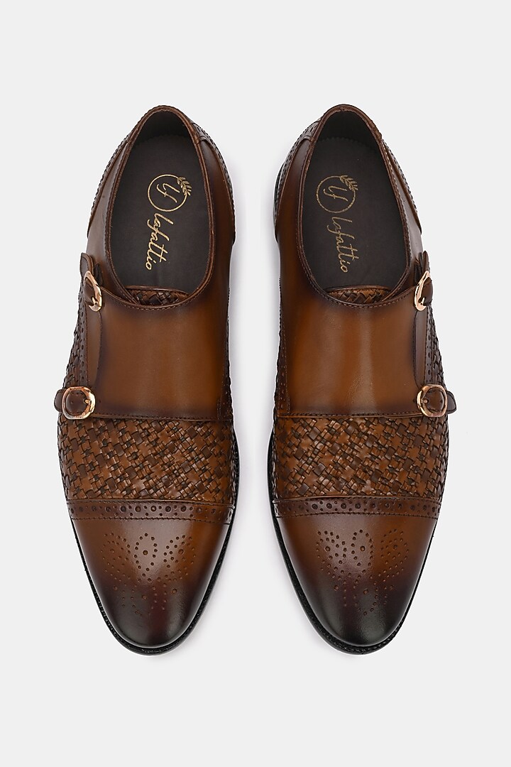 Tan Leather Handpainted Double Monk Shoes by LAFATTIO at Pernia's Pop Up Shop