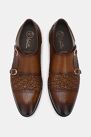 Tan Leather Handpainted Double Monk Shoes by LAFATTIO