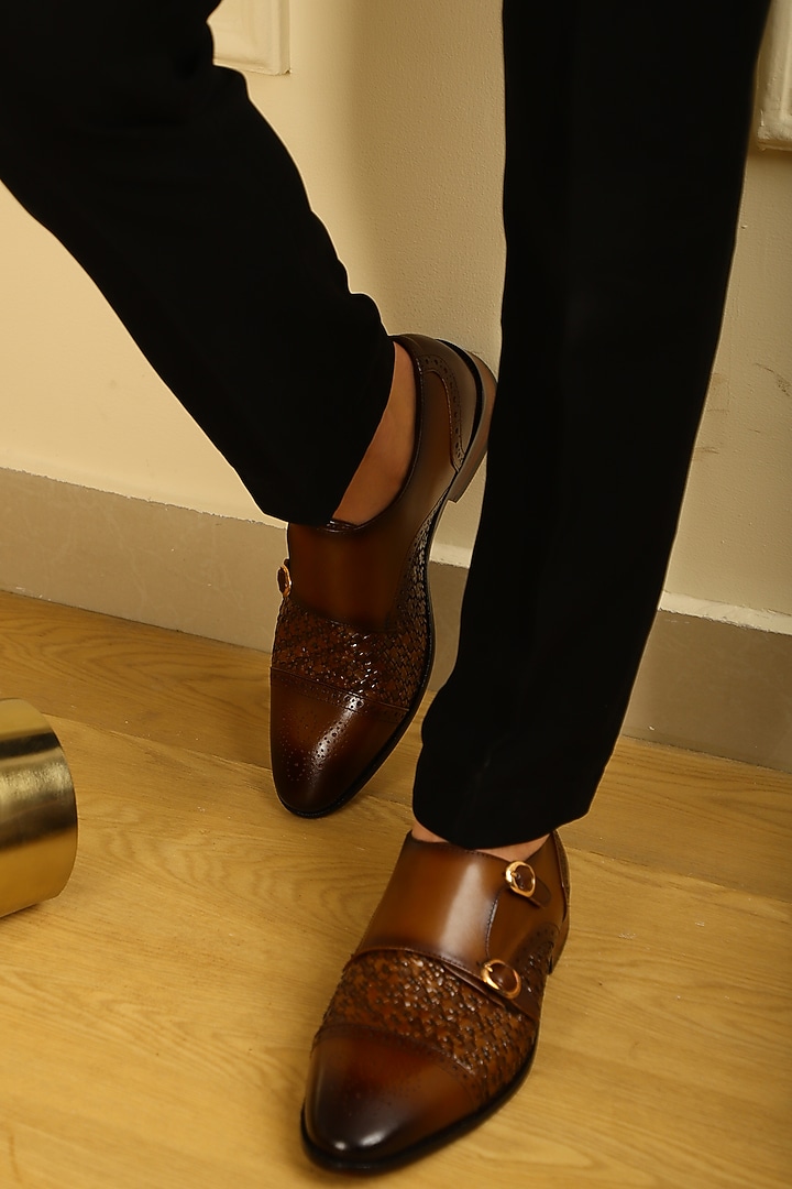 Tan Leather Handpainted Double Monk Shoes by LAFATTIO at Pernia's Pop Up Shop
