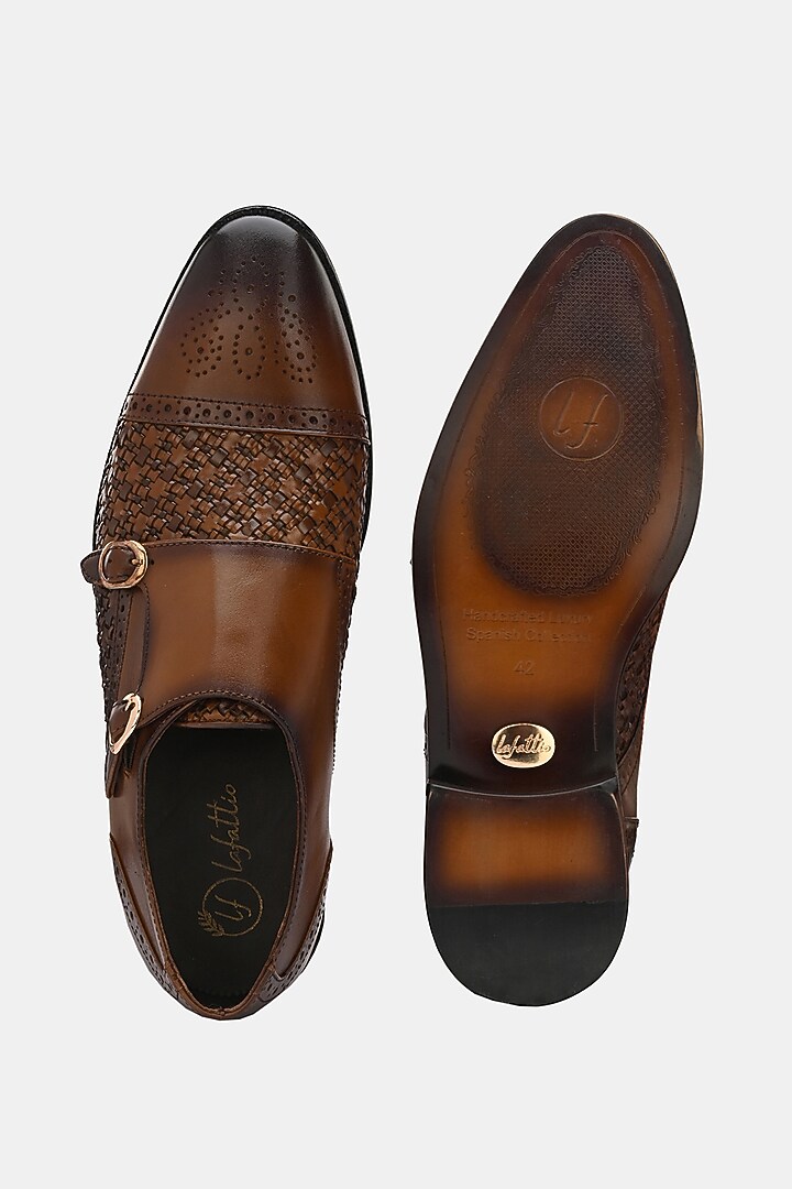 Tan Leather Handpainted Double Monk Shoes by LAFATTIO at Pernia's Pop Up Shop