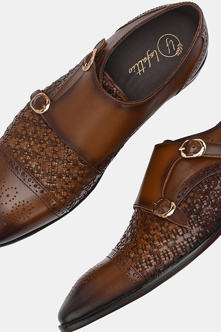 Tan Leather Handpainted Double Monk Shoes by LAFATTIO at Pernia's Pop Up Shop
