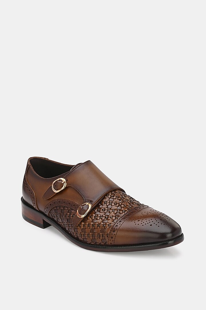 Tan Leather Handpainted Double Monk Shoes by LAFATTIO at Pernia's Pop Up Shop