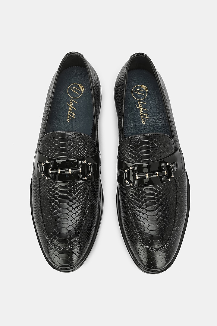 Black Genuine Spanish Leather Textured Loafers by LAFATTIO