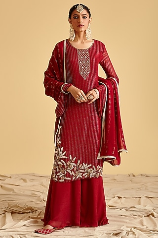 Maroon Shimmer Georgette Sharara Set by Lahario