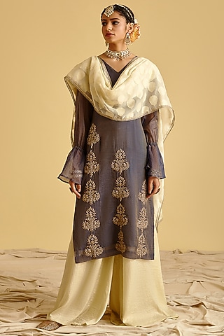 Cream Satin Foil Sharara Set by Lahario