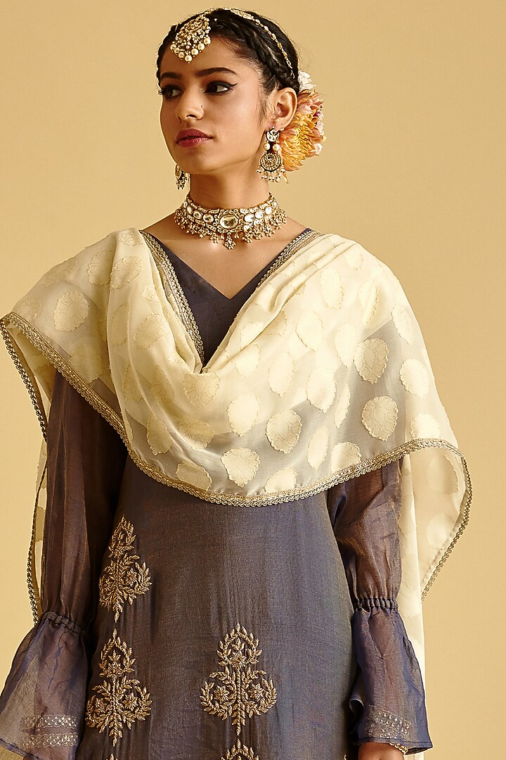 Cream Satin Foil Party Wear Sharara Set by Lahario at Pernia's Pop Up Shop