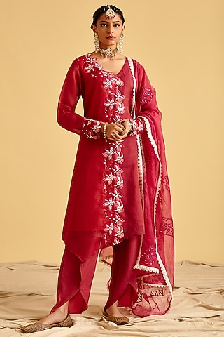 Ruby Red Machine Embroidered Kurta Set by Lahario