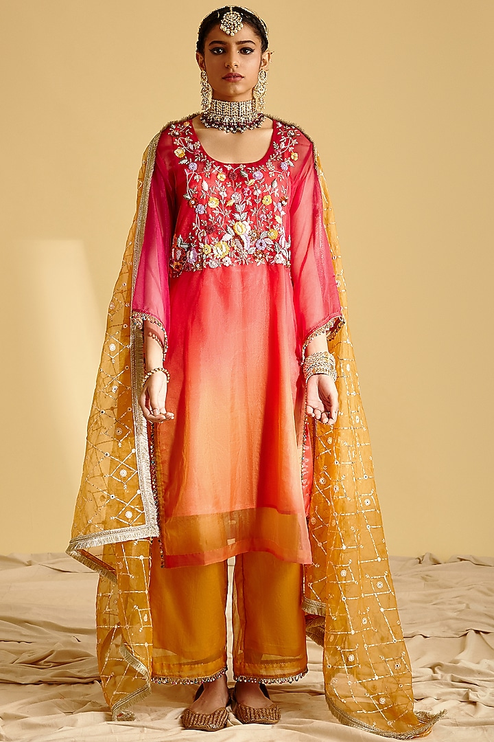 Light Red & Orange Ombre Hand Embroidered Kurta Set by Lahario
