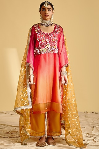 Light Red & Orange Ombre Hand Embroidered Kurta Set by Lahario