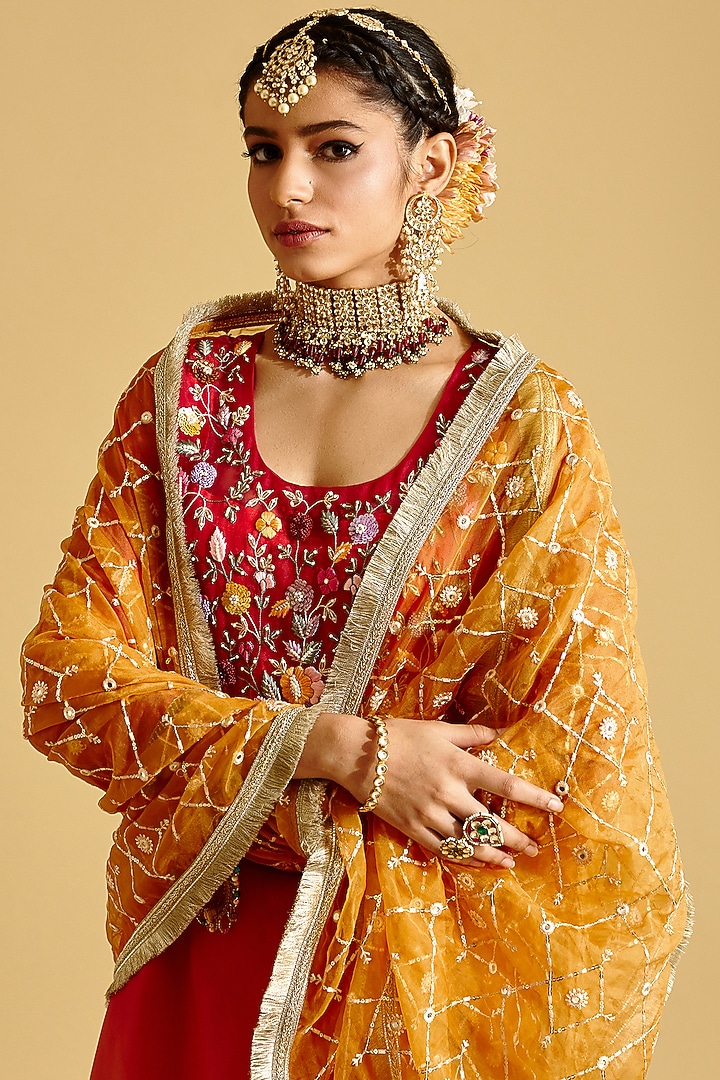 Light Red & Orange Ombre Hand Embroidered Kurta Set by Lahario at Pernia's Pop Up Shop