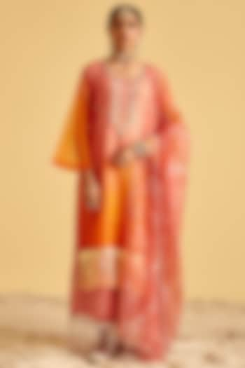 Peach & Orange Ombre Hand Embroidered Kurta Set by Lahario