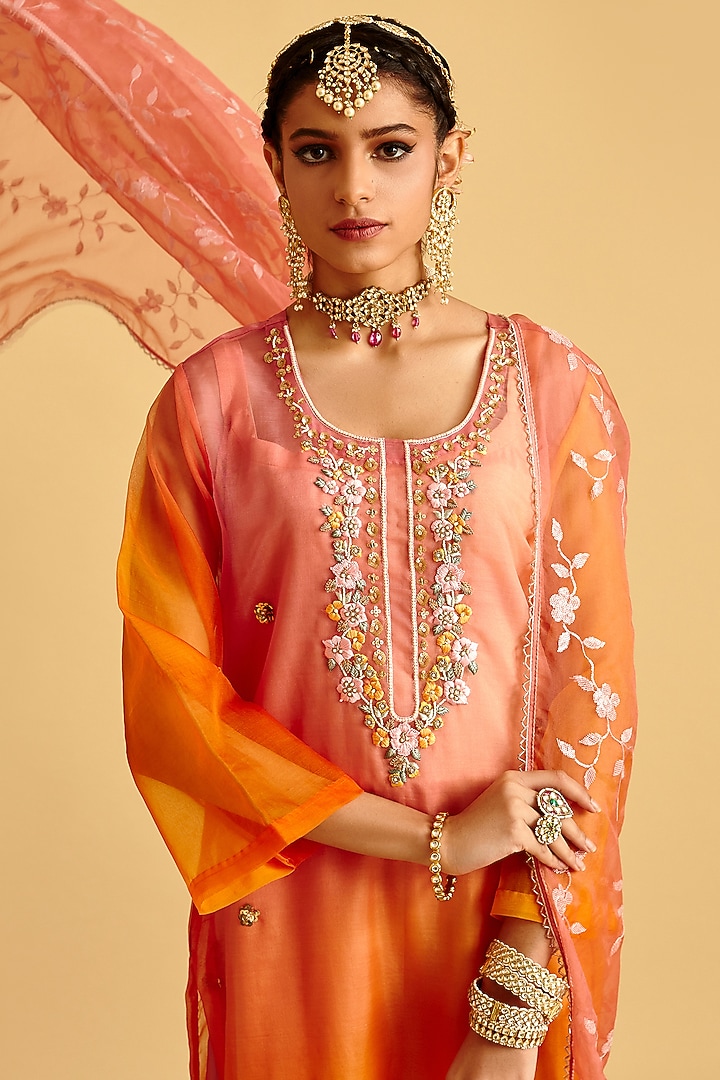Peach & Orange Ombre Hand Embroidered Kurta Set by Lahario at Pernia's Pop Up Shop