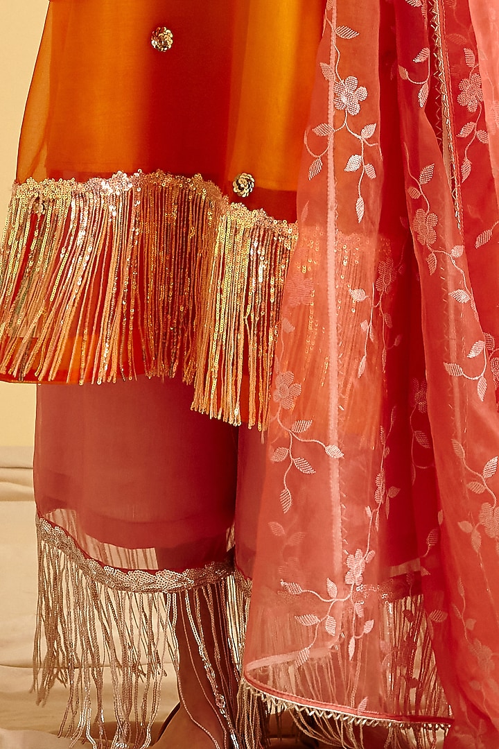 Peach & Orange Ombre Hand Embroidered Kurta Set by Lahario at Pernia's Pop Up Shop