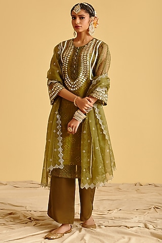 Sage Green Hand Embroidered Kurta Set by Lahario