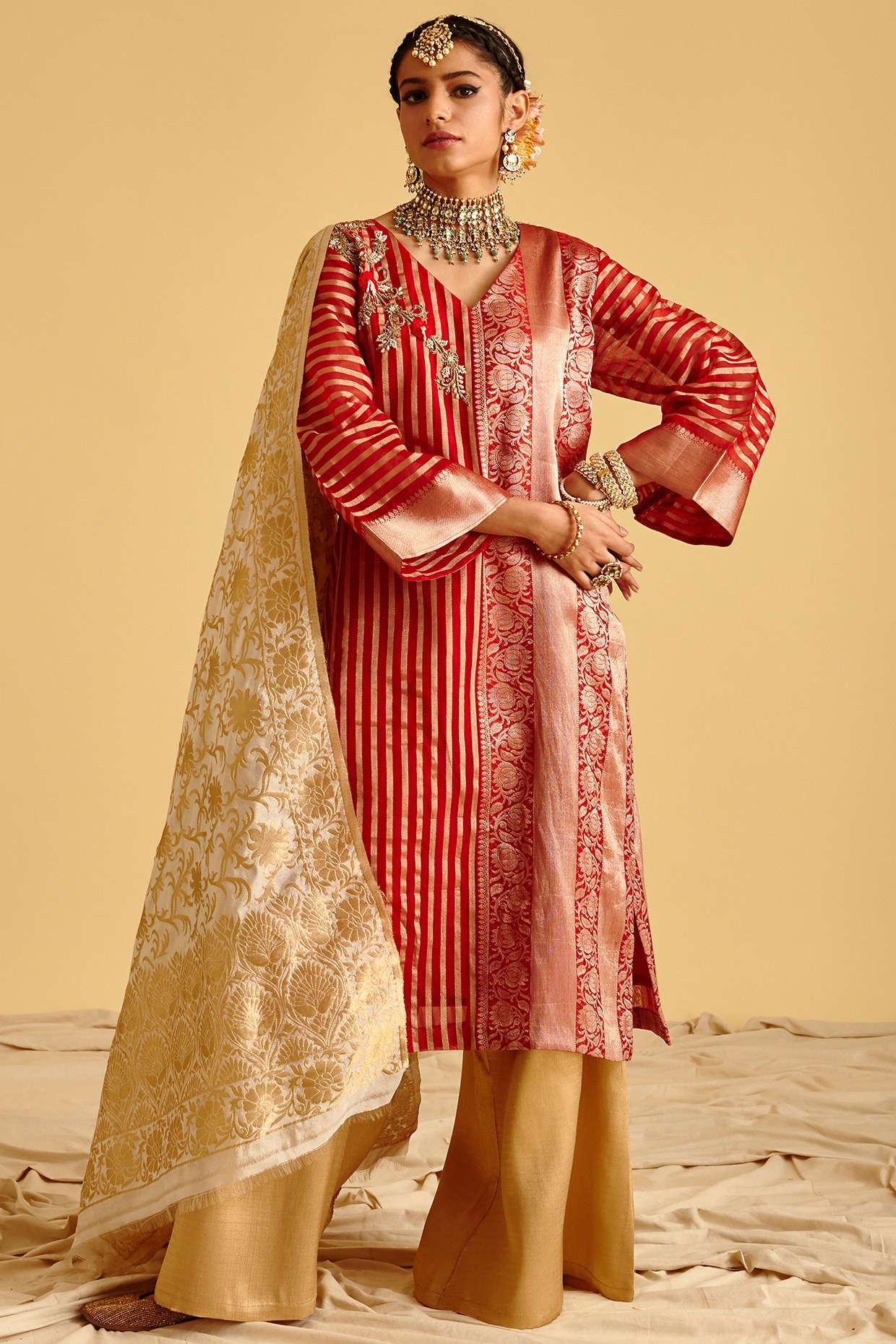 Red Pure Mulberry Silk Kalidar Suit Set with Banarasi Dupatta – WeaverStory