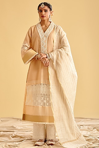 Apricot Peach Embroidered Kurta Set by Lahario