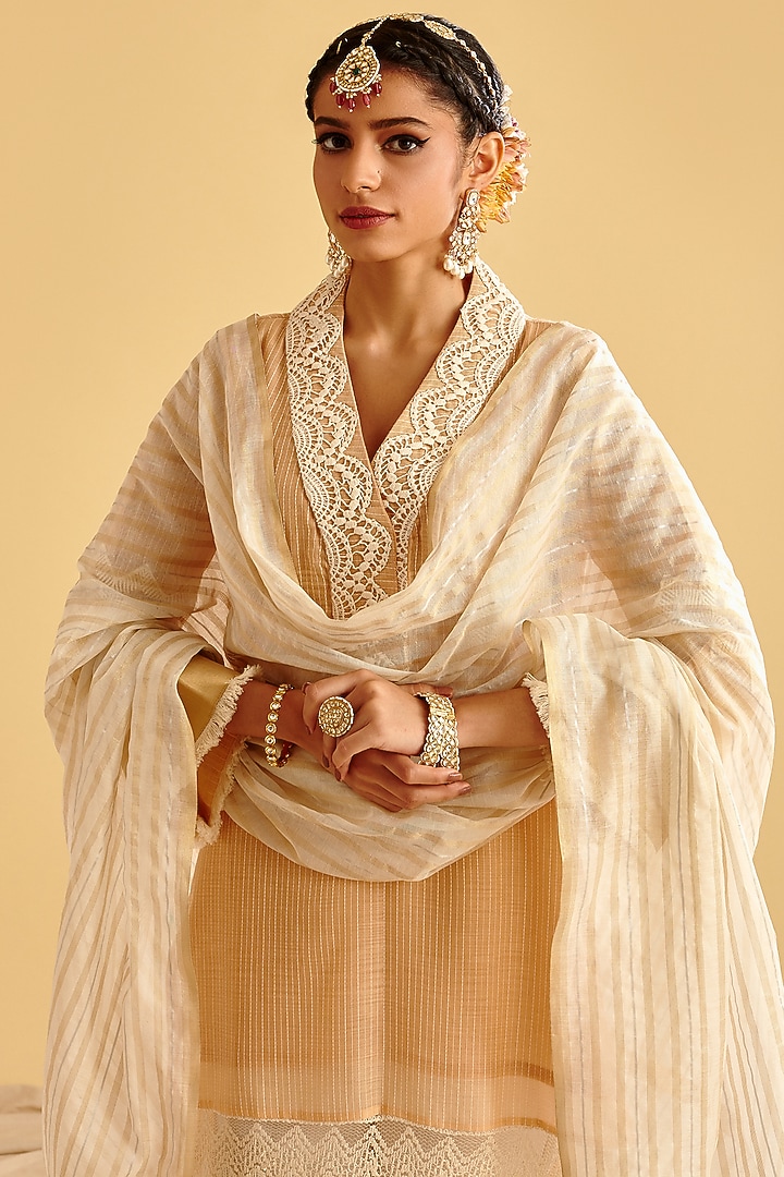 Apricot Peach Embroidered Kurta Set by Lahario at Pernia's Pop Up Shop