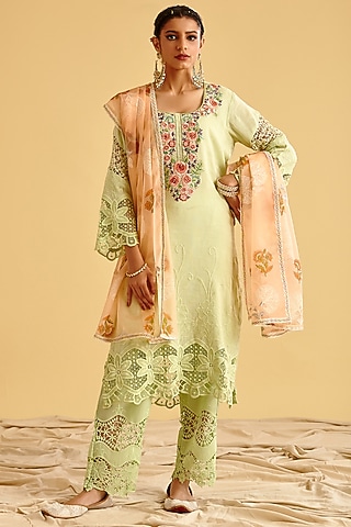 Mint Machine Embroidered Kurta Set by Lahario