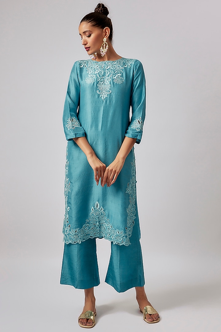 Cerulean Pure Silk Embroidered Kurta Set by Lahario at Pernia's Pop Up Shop