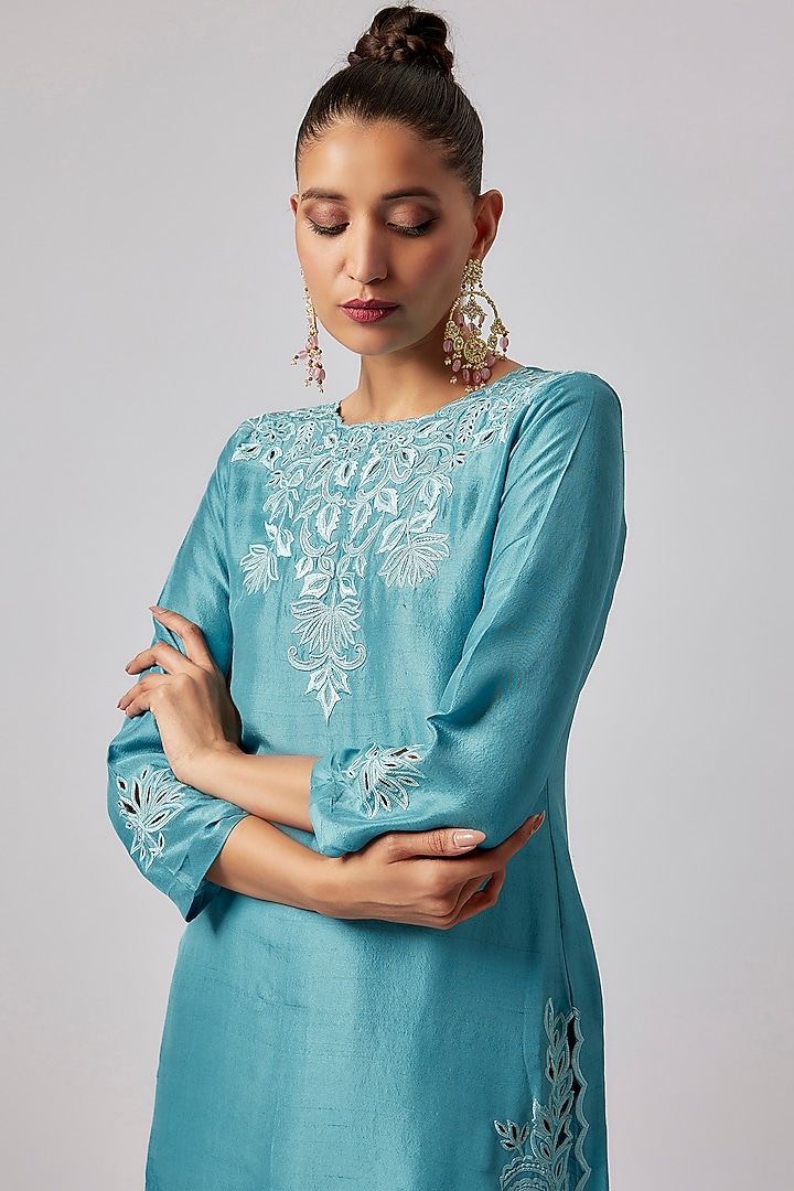Cerulean Pure Silk Embroidered Kurta Set by Lahario at Pernia's Pop Up Shop