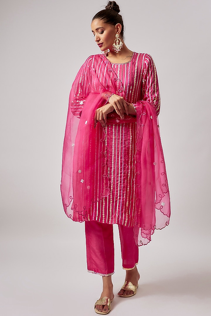 Hot Pink Pure Silk Embroidered Kurta Set by Lahario at Pernia's Pop Up Shop