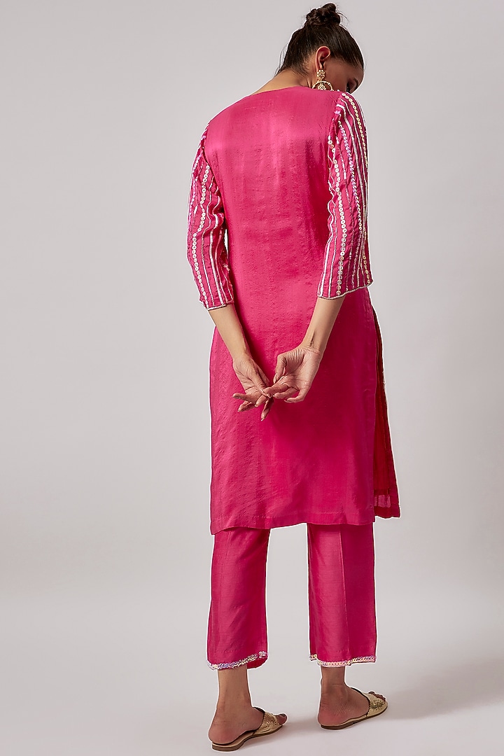 Hot Pink Pure Silk Embroidered Kurta Set by Lahario at Pernia's Pop Up Shop