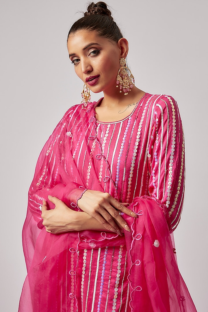 Hot Pink Pure Silk Embroidered Kurta Set by Lahario at Pernia's Pop Up Shop