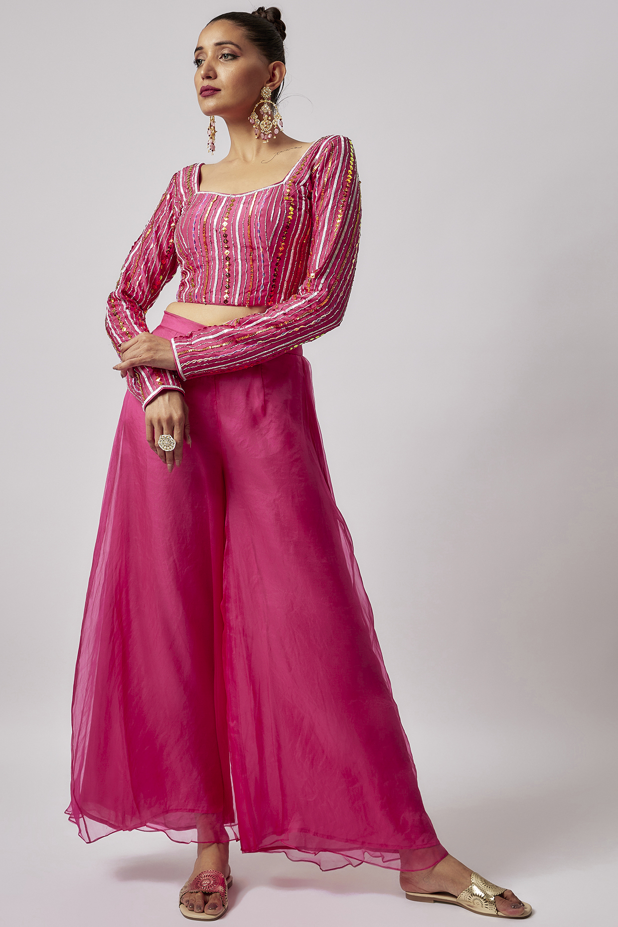Hot Pink Silk Organza Sharara Set by Lahario