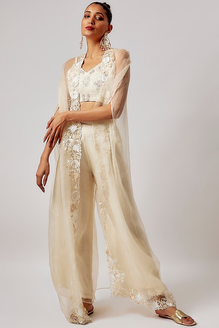 Ivory Silk Organza Thread Embroidered Jacket Set by Lahario