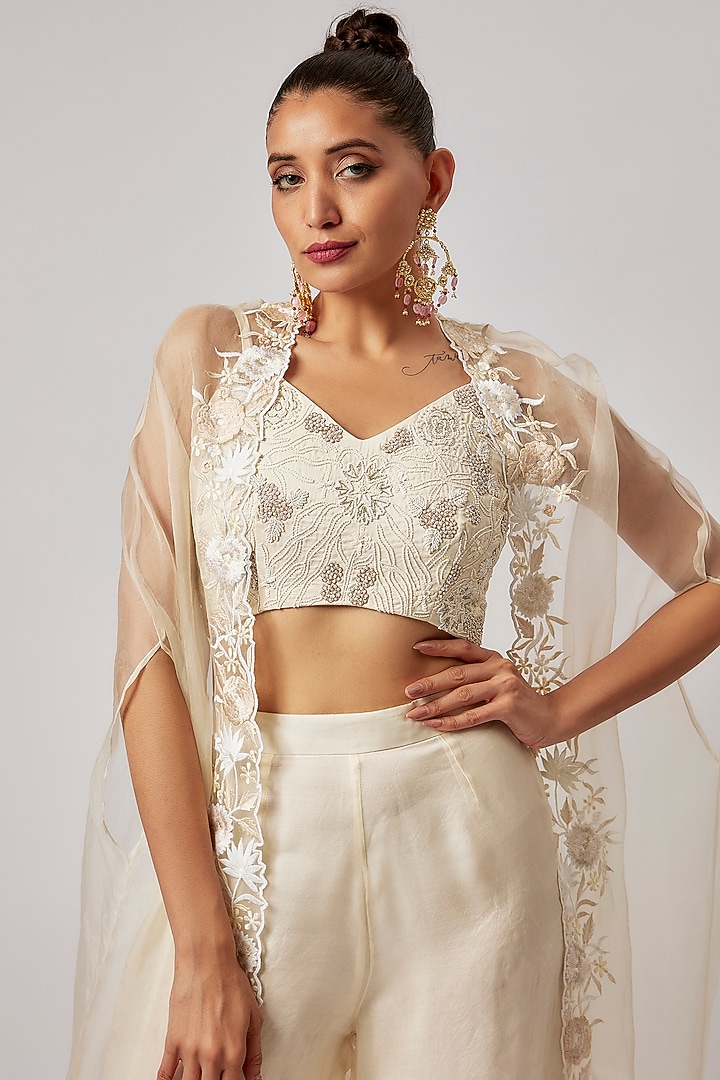 Ivory Silk Organza Thread Embroidered Jacket Set by Lahario at Pernia's Pop Up Shop