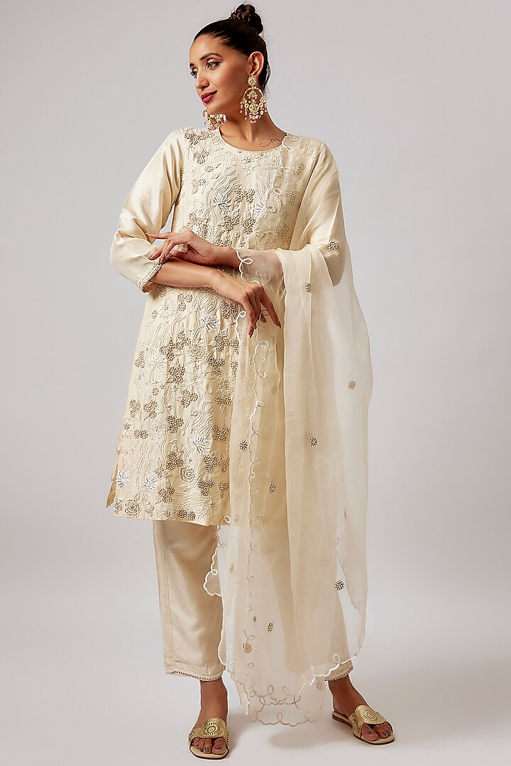 Ivory Pure Silk Embroidered Kurta Set by Lahario at Pernia's Pop Up Shop