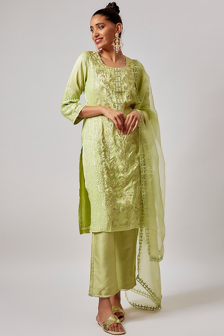 Tea Green Pure Silk Embroidered Kurta Set by Lahario at Pernia's Pop Up Shop