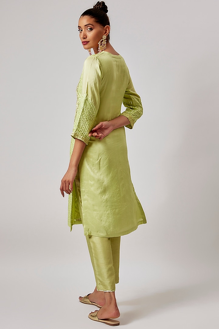 Tea Green Pure Silk Embroidered Kurta Set by Lahario at Pernia's Pop Up Shop