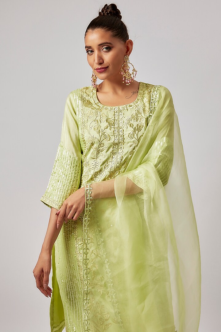 Tea Green Pure Silk Embroidered Kurta Set by Lahario at Pernia's Pop Up Shop