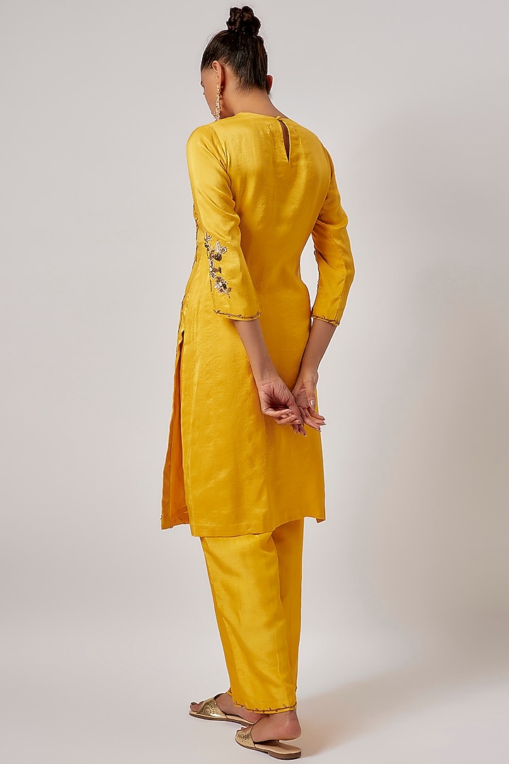 Golden Yellow Pure Silk Embroidered Kurta Set by Lahario at Pernia's Pop Up Shop