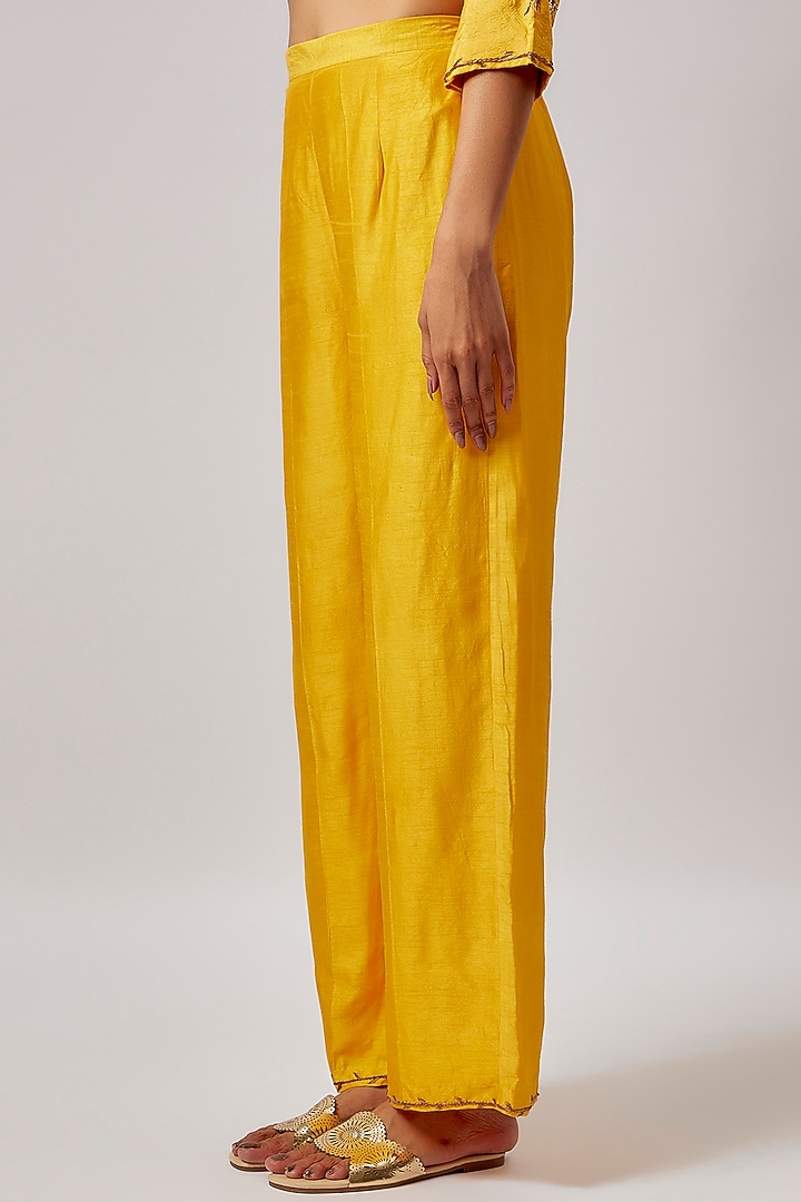 Golden Yellow Pure Silk Embroidered Kurta Set by Lahario at Pernia's Pop Up Shop