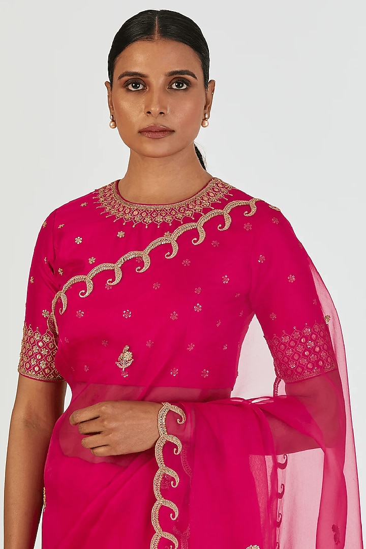 Red Fine Handwoven Silk Marodi Embroidered Blouse by Lajjoo c at Pernia's Pop Up Shop