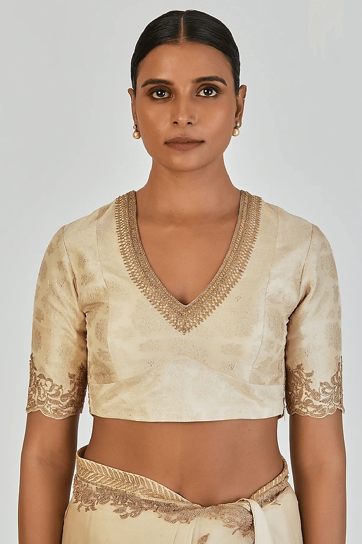 Ivory Banarasi Silk Marodi Embroidered Blouse by Lajjoo c at Pernia's Pop Up Shop