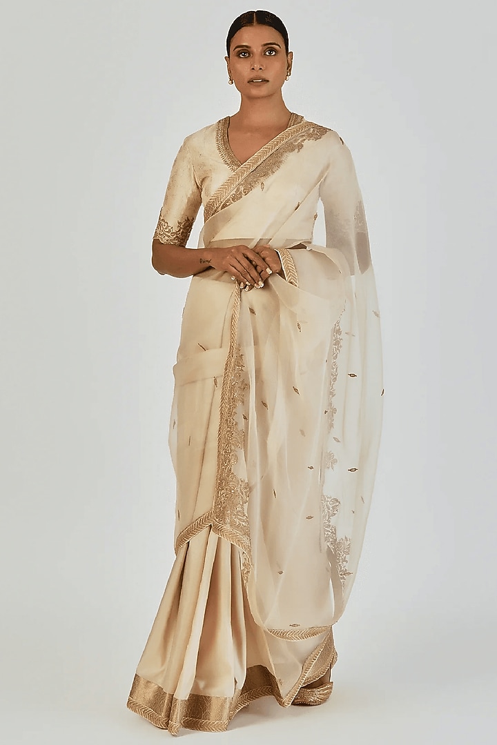 Ivory Organza & Silk Marodi Embroidered Wedding Saree by Lajjoo c at Pernia's Pop Up Shop